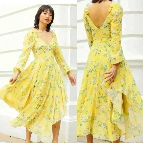 Sau Lee - Georgia Dress - Size 2 Long Sleeve MIDI Yellow - Picture 3 of 14